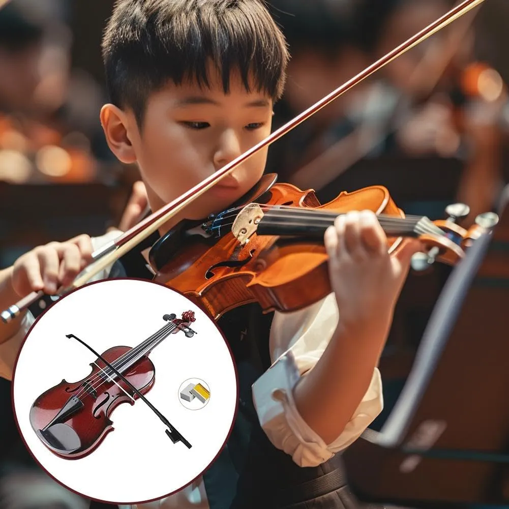 Beginner Violin Toy with Adjustable Strings, Realistic Sound for Music Learning, 38cm Lightweight Design (Brown Send a Piano case)