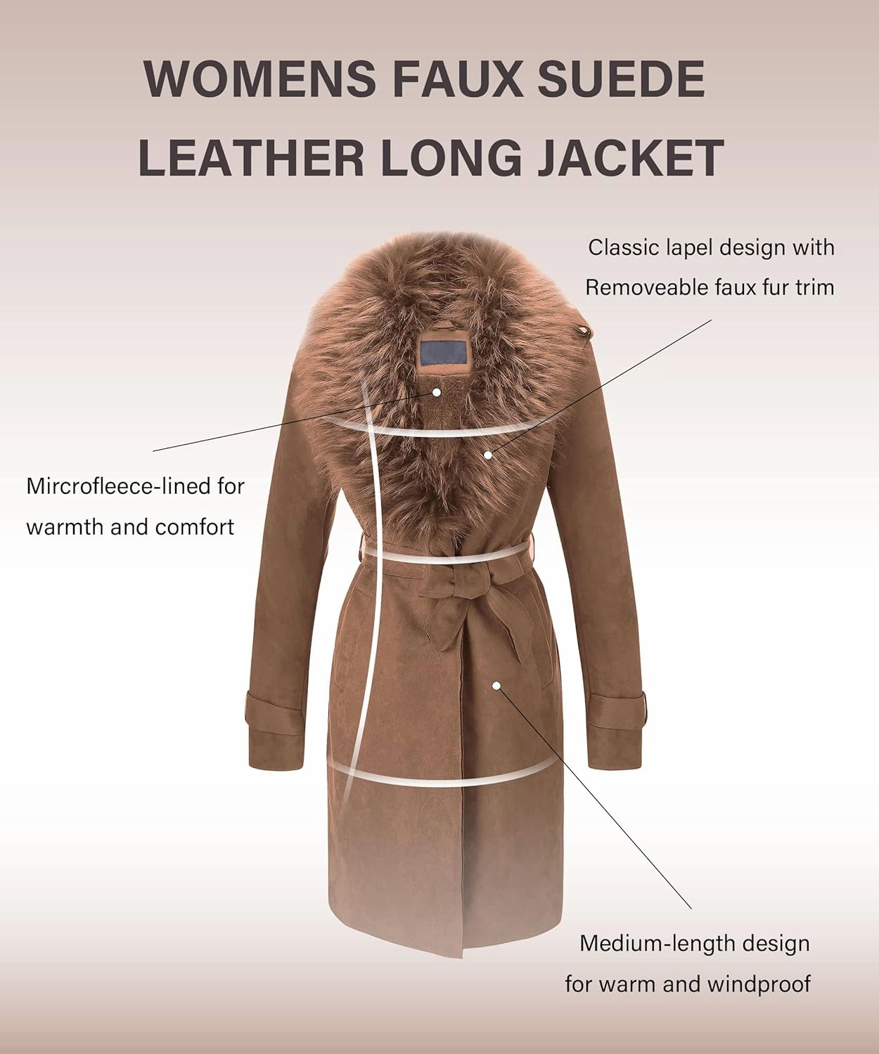 Bellivera Women Faux Leather Trench Coat Fleece-Lined Mid-length Jacket with Detachable Fur Collar