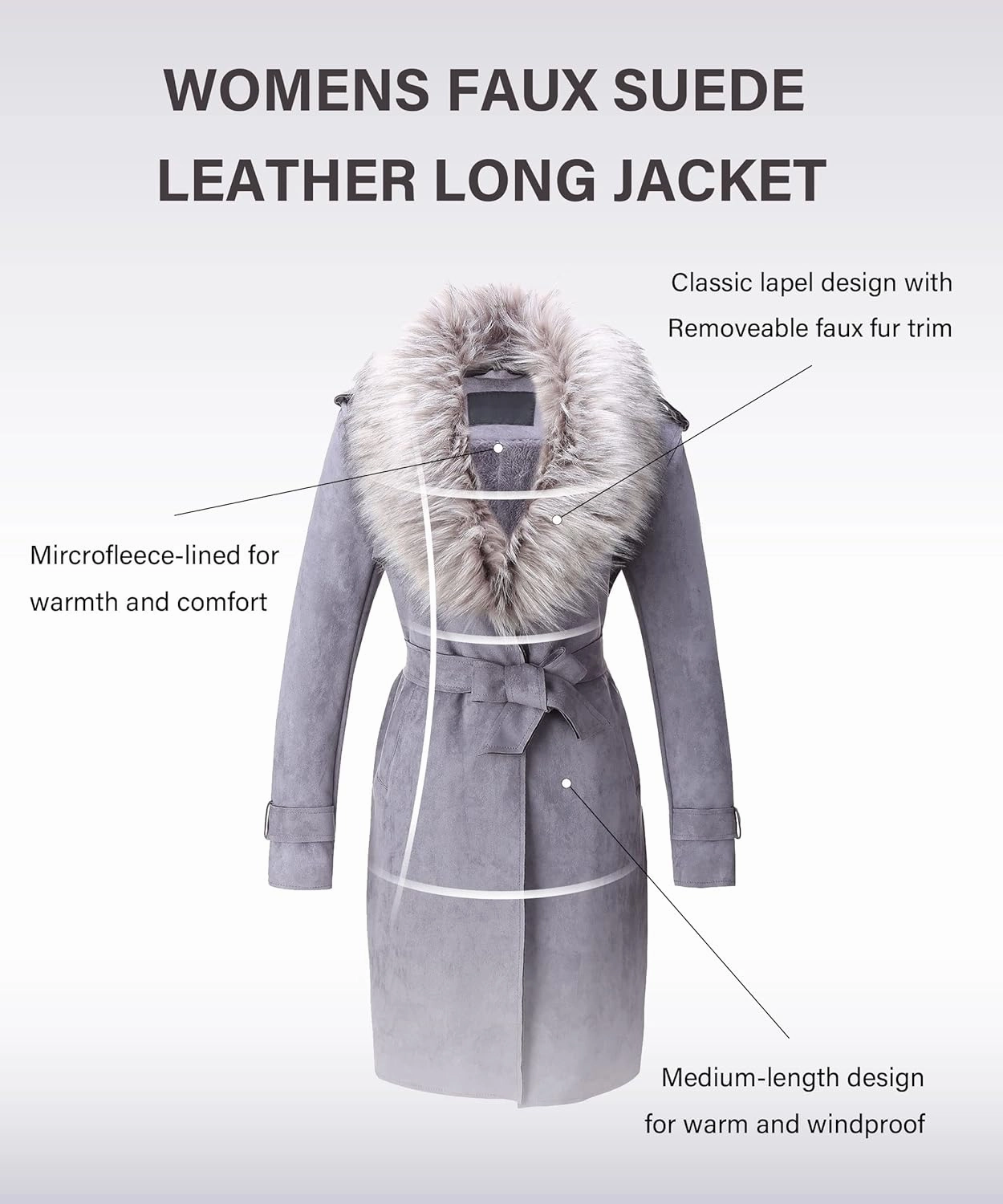Bellivera Women Faux Leather Trench Coat Fleece-Lined Mid-length Jacket with Detachable Fur Collar