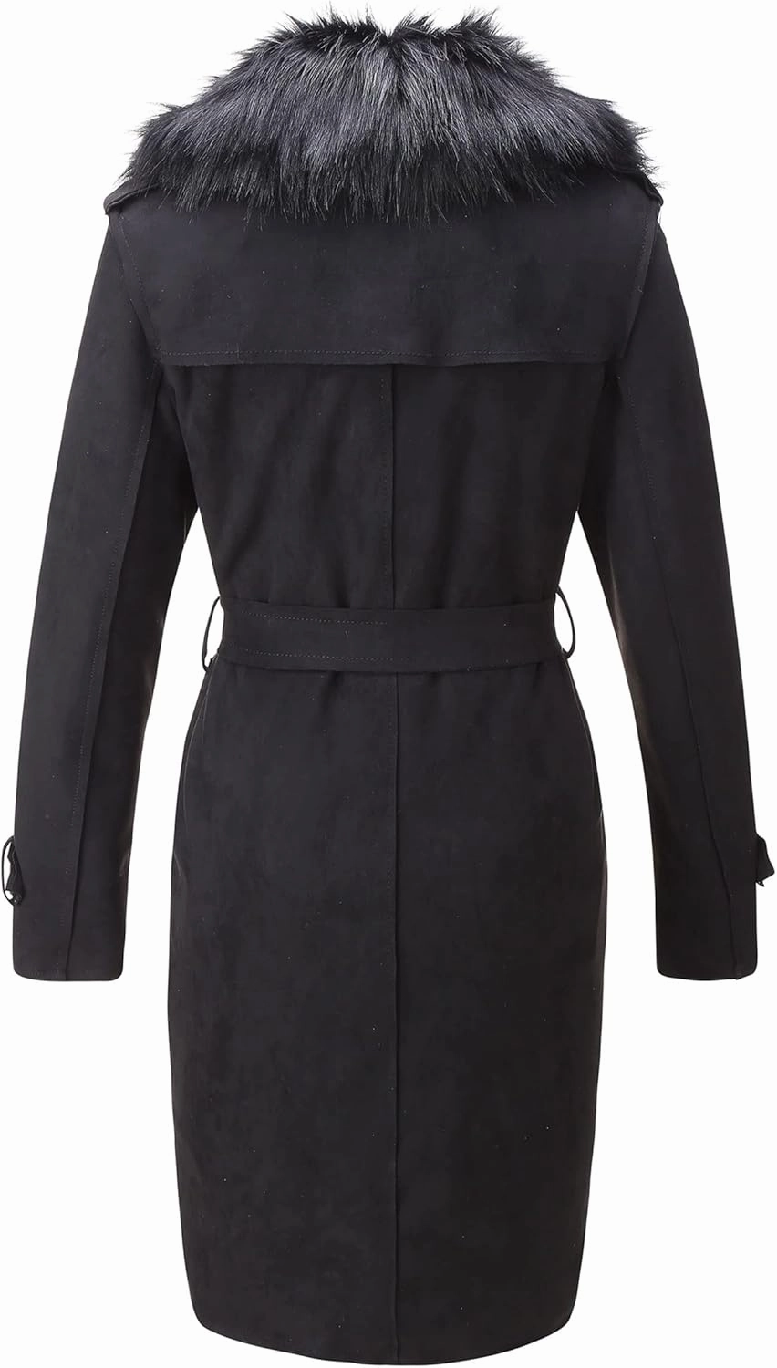 Bellivera Women Faux Leather Trench Coat Fleece-Lined Mid-length Jacket with Detachable Fur Collar