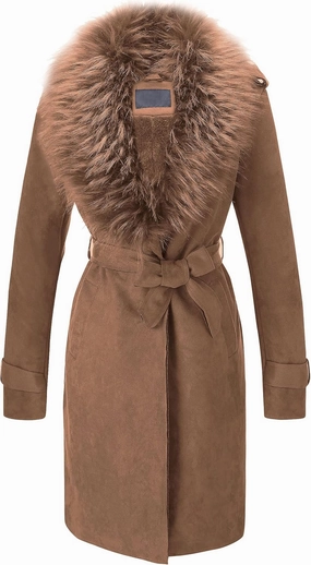 Bellivera Women Faux Leather Trench Coat Fleece-Lined Mid-length Jacket with Detachable Fur Collar