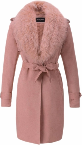 Bellivera Women Faux Leather Trench Coat Fleece-Lined Mid-length Jacket with Detachable Fur Collar