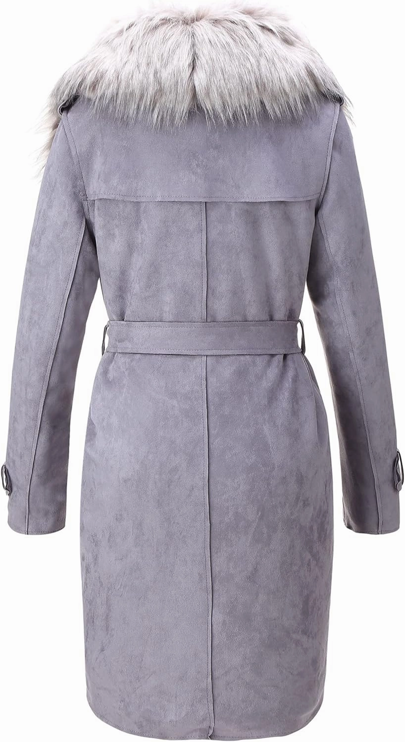 Bellivera Women Faux Leather Trench Coat Fleece-Lined Mid-length Jacket with Detachable Fur Collar