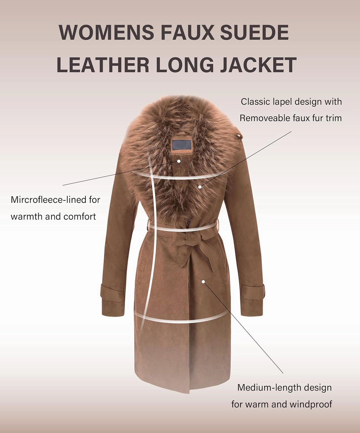 Bellivera Women Faux Leather Trench Coat Fleece-Lined Mid-length Jacket with Detachable Fur Collar