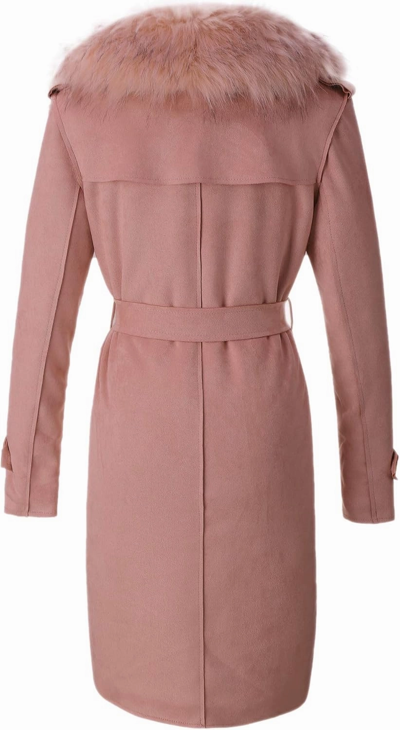 Bellivera Women Faux Leather Trench Coat Fleece-Lined Mid-length Jacket with Detachable Fur Collar