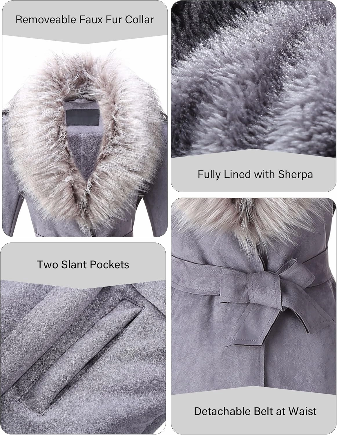 Bellivera Women Faux Leather Trench Coat Fleece-Lined Mid-length Jacket with Detachable Fur Collar