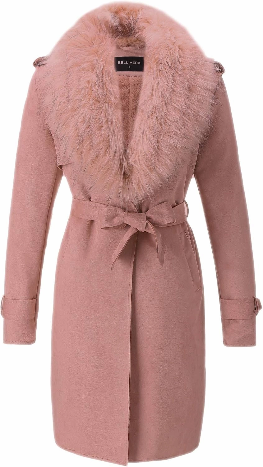 Bellivera Women Faux Leather Trench Coat Fleece-Lined Mid-length Jacket with Detachable Fur Collar