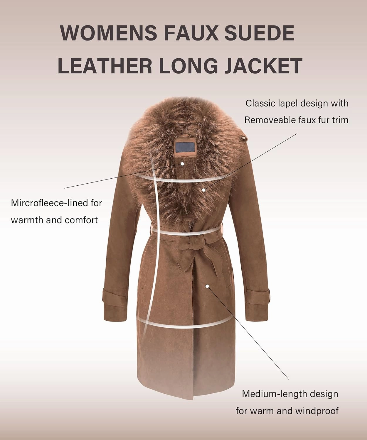 Bellivera Women Faux Leather Trench Coat Fleece-Lined Mid-length Jacket with Detachable Fur Collar