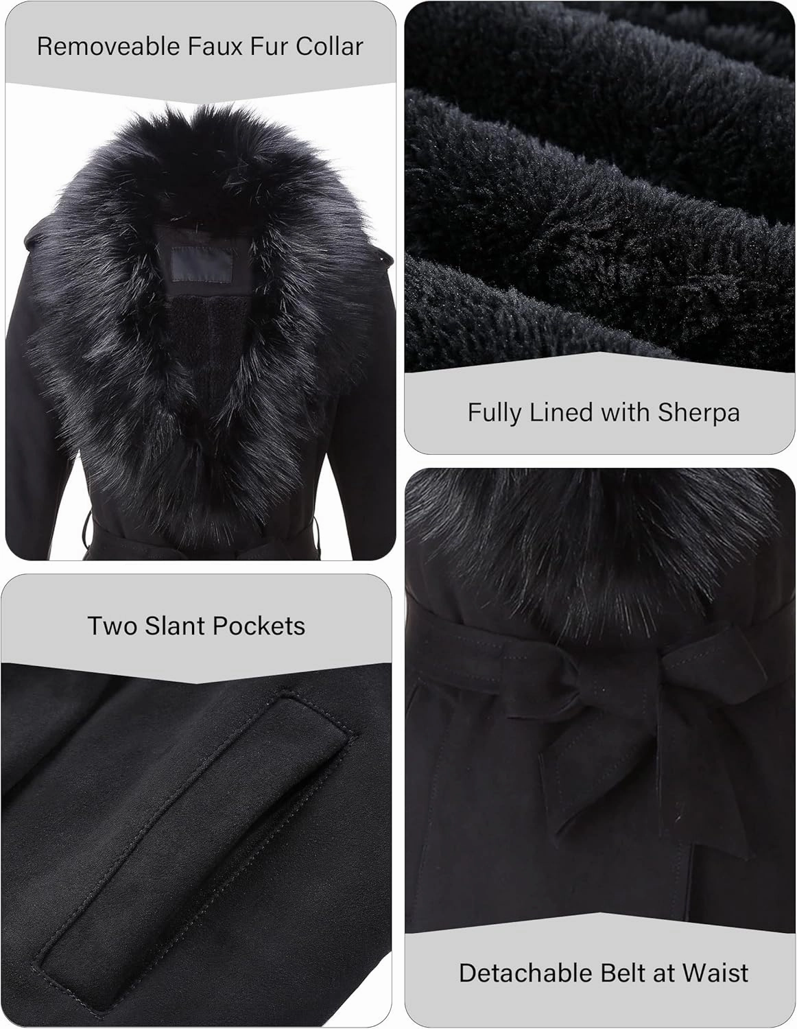 Bellivera Women Faux Leather Trench Coat Fleece-Lined Mid-length Jacket with Detachable Fur Collar