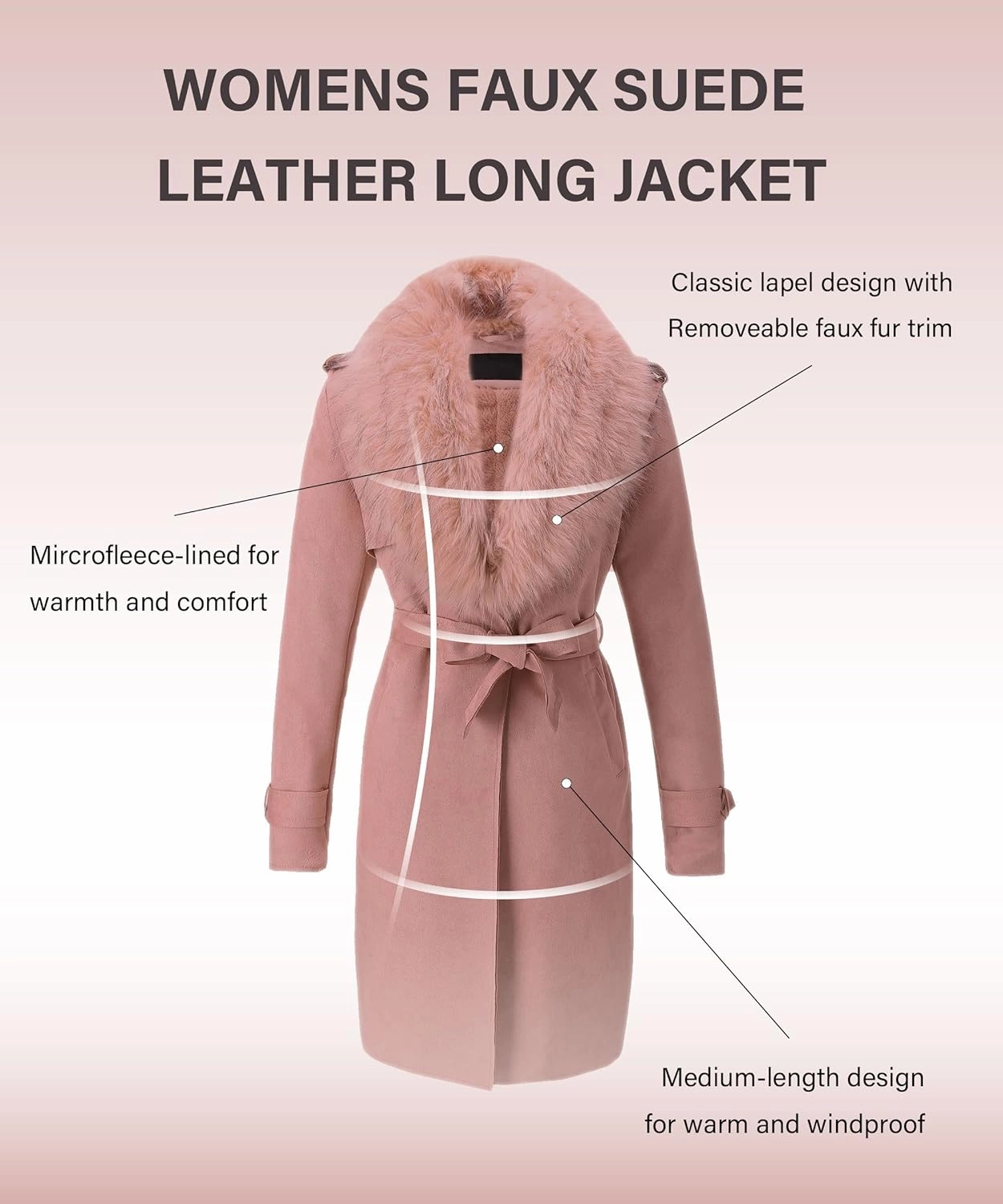 Bellivera Women Faux Leather Trench Coat Fleece-Lined Mid-length Jacket with Detachable Fur Collar