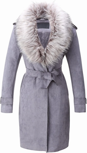 Bellivera Women Faux Leather Trench Coat Fleece-Lined Mid-length Jacket with Detachable Fur Collar