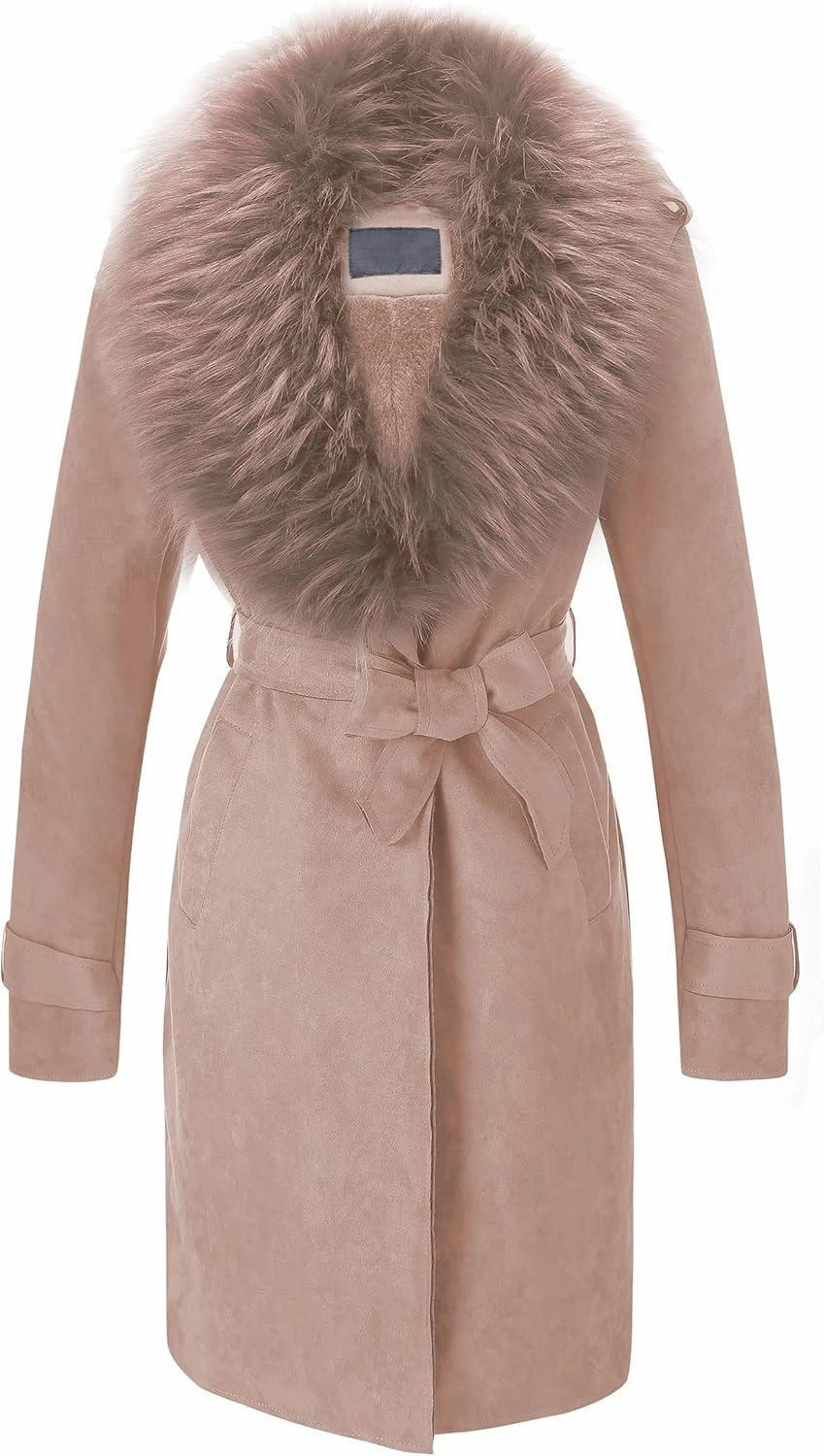 Bellivera Women Faux Leather Trench Coat Fleece-Lined Mid-length Jacket with Detachable Fur Collar
