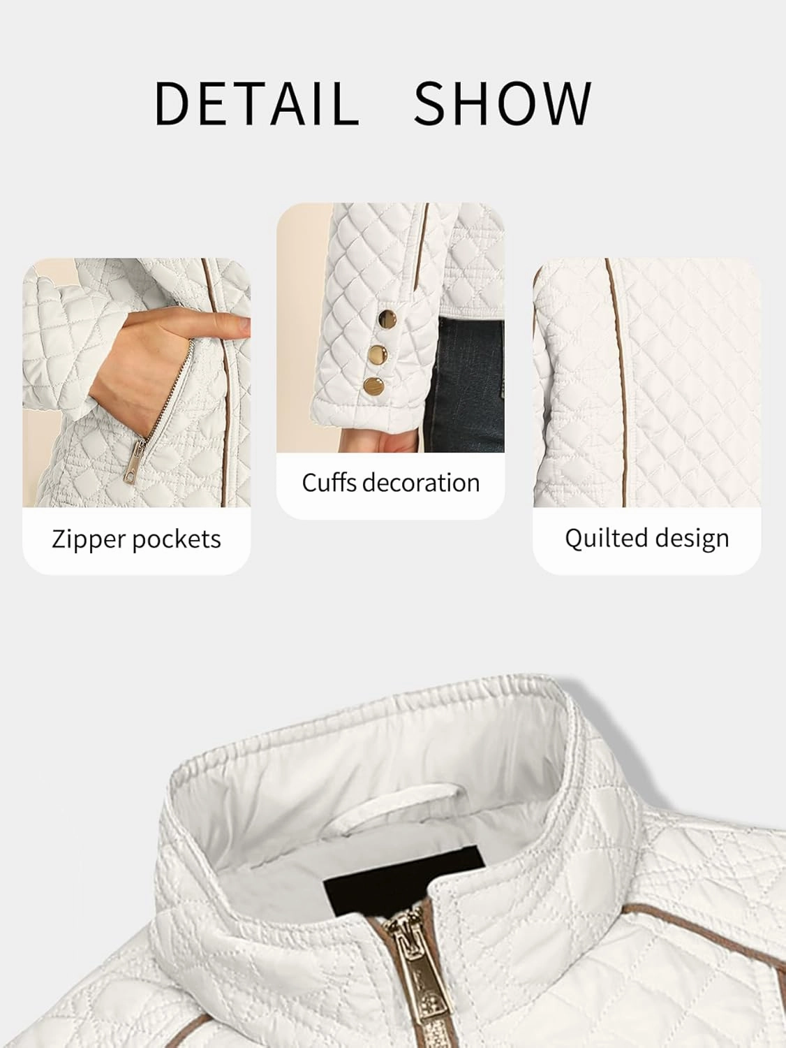 Bellivera Women's Stand Collar Lightweight Quilted Puffer Jacket Padded Zip Coat for Spring and Winter