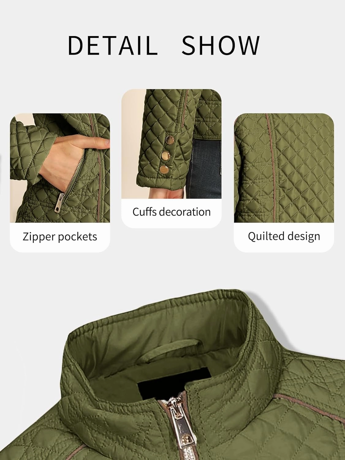 Bellivera Women's Stand Collar Lightweight Quilted Puffer Jacket Padded Zip Coat for Spring and Winter