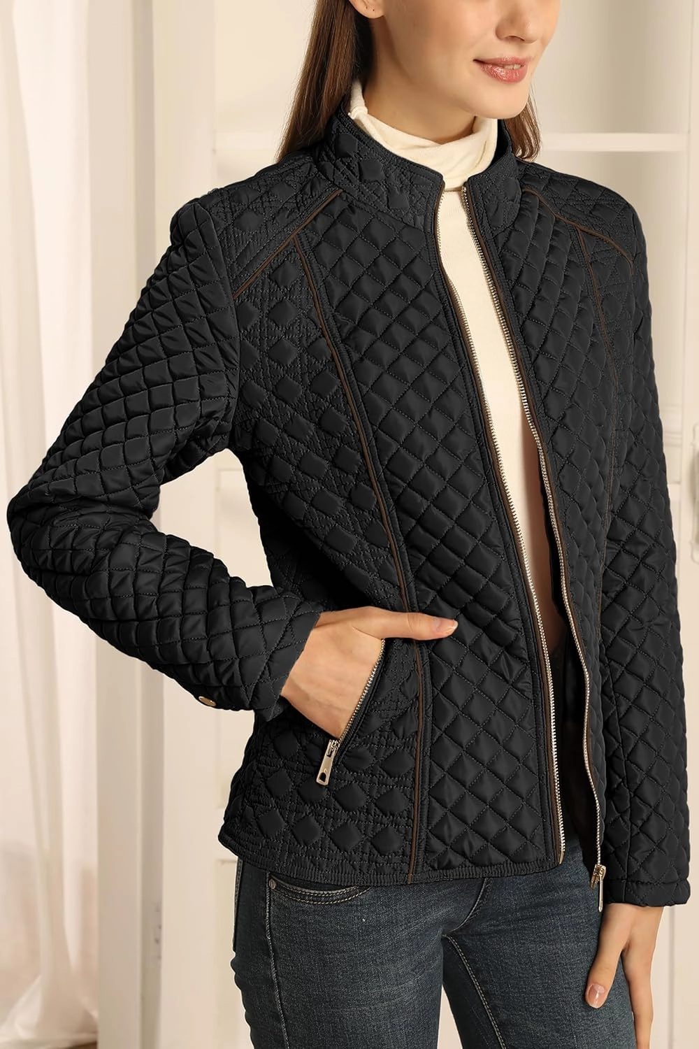 Bellivera Women's Stand Collar Lightweight Quilted Puffer Jacket Padded Zip Coat for Spring and Winter