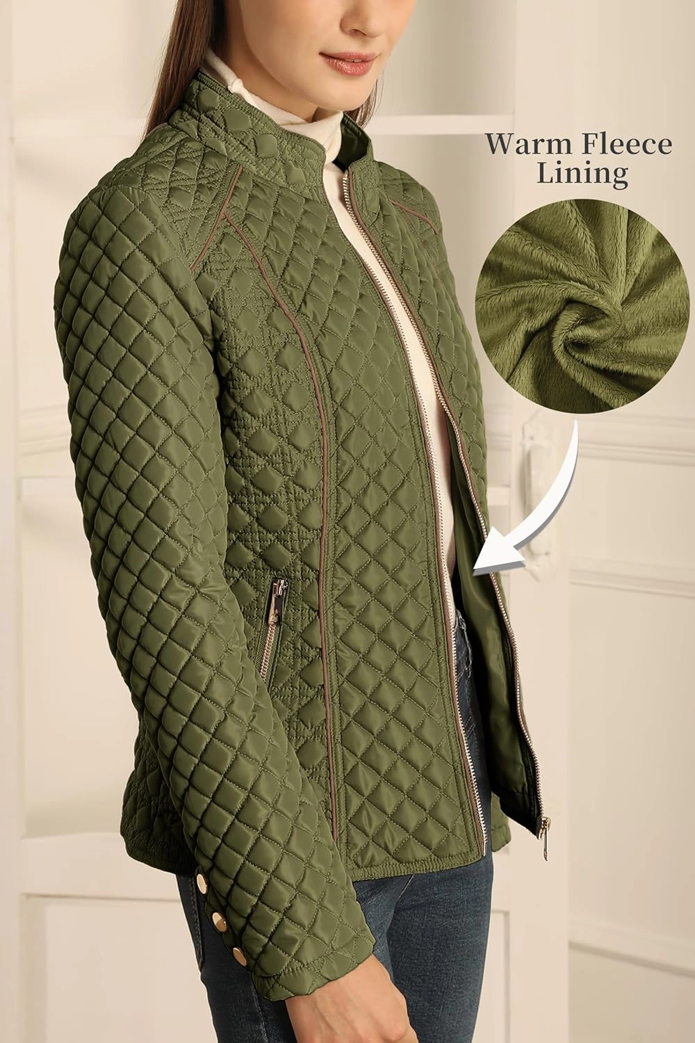 Bellivera Women's Stand Collar Lightweight Quilted Puffer Jacket Padded Zip Coat for Spring and Winter