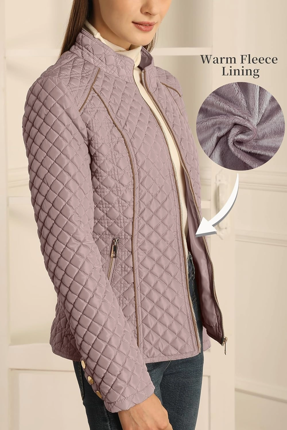 Bellivera Women's Stand Collar Lightweight Quilted Puffer Jacket Padded Zip Coat for Spring and Winter