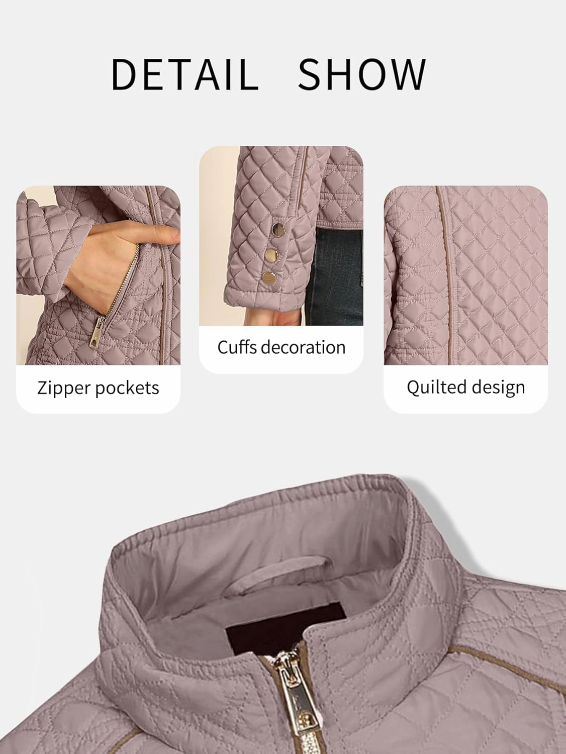 Bellivera Women's Stand Collar Lightweight Quilted Puffer Jacket Padded Zip Coat for Spring and Winter