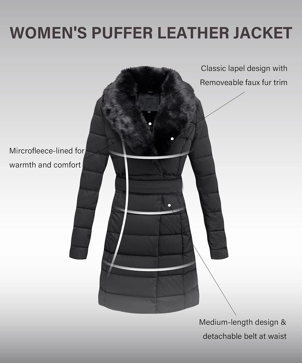 Bellivera Women's Winter Puffer Jacket Cold-Resistant Patchwork Plush Lining Coat with Removable Fur Collar Hooded and Belted