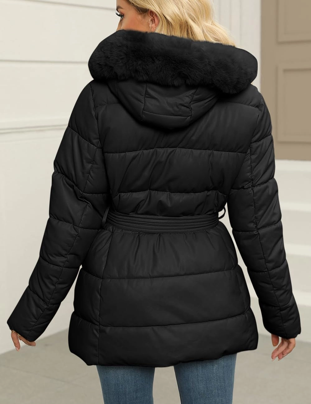 Bellivera Women's Winter Puffer Jacket Cold-Resistant Patchwork Plush Lining Coat with Removable Fur Collar Hooded and Belted