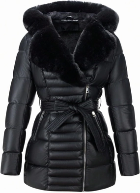 Bellivera Women's Winter Puffer Jacket Cold-Resistant Patchwork Plush Lining Coat with Removable Fur Collar Hooded and Belted