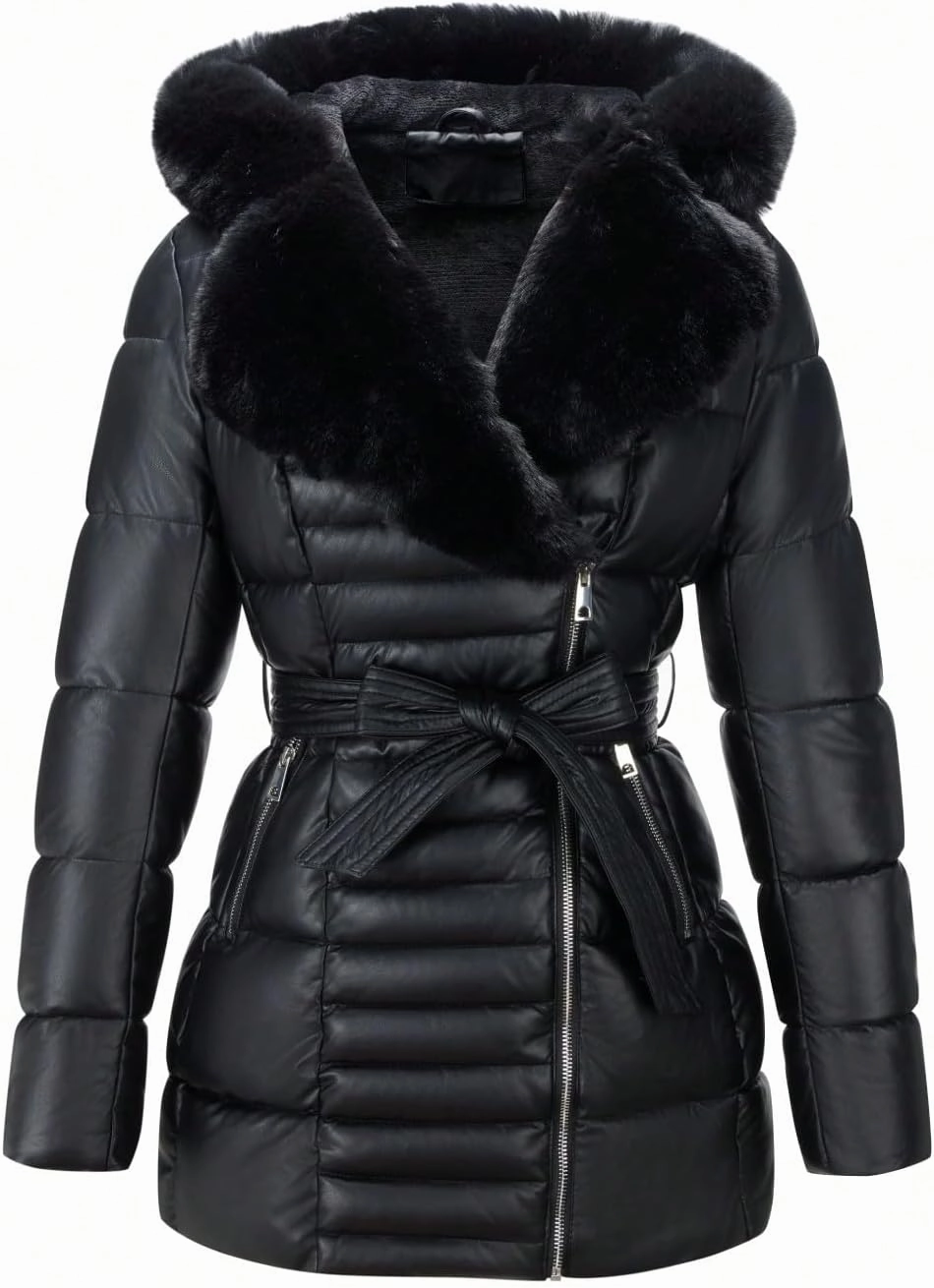 Bellivera Women's Winter Puffer Jacket Cold-Resistant Patchwork Plush Lining Coat with Removable Fur Collar Hooded and Belted