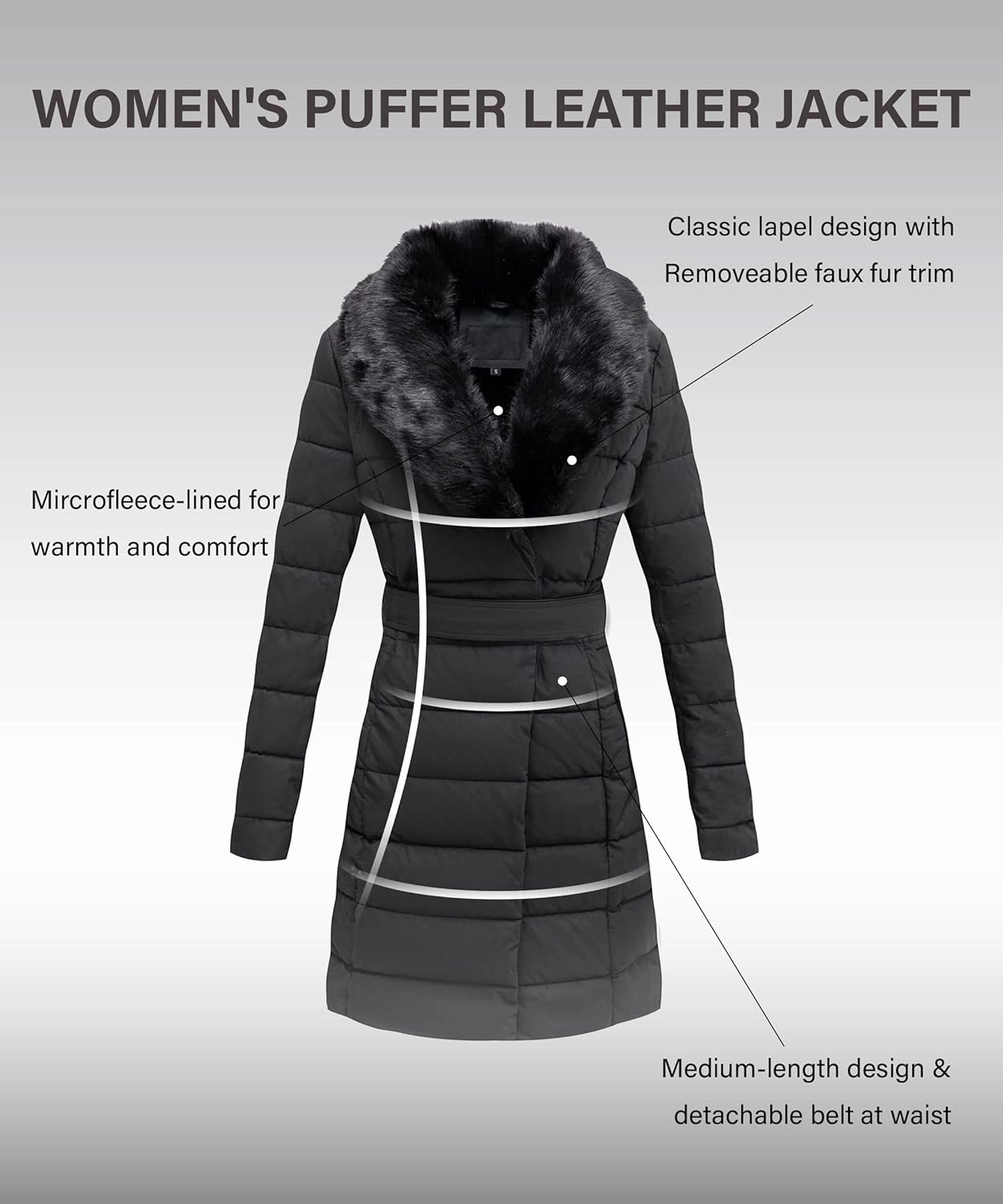 Bellivera Women's Winter Puffer Jacket Cold-Resistant Patchwork Plush Lining Coat with Removable Fur Collar Hooded and Belted