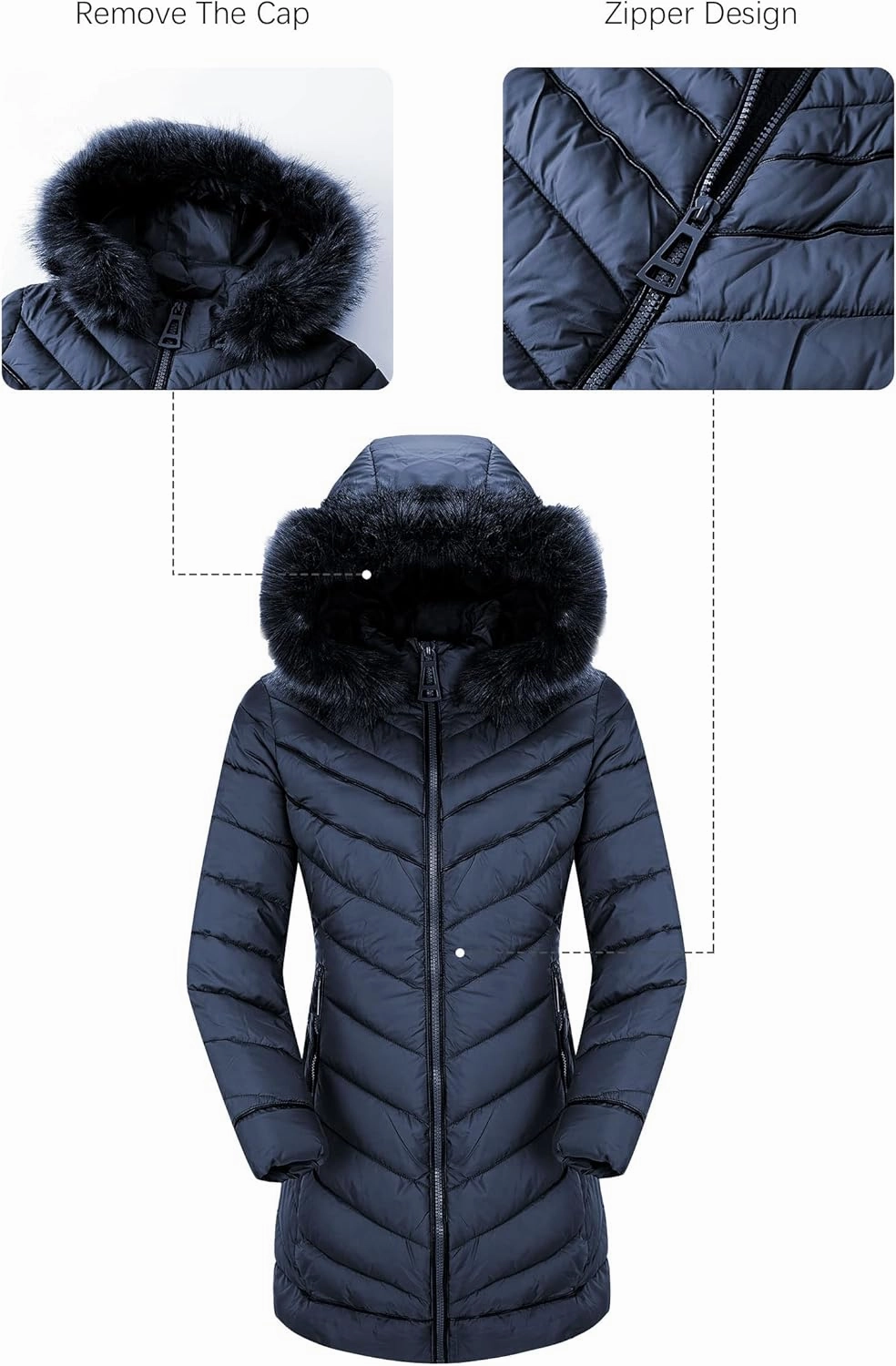 Bellivera Women's Winter Thickened Quilted Puffer Jacket Zipper Pockets Bubble Coat with Removable Hood and Faux Fur Collar