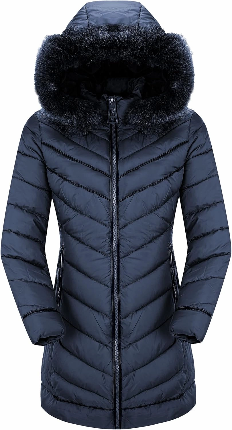 Bellivera Women's Winter Thickened Quilted Puffer Jacket Zipper Pockets Bubble Coat with Removable Hood and Faux Fur Collar