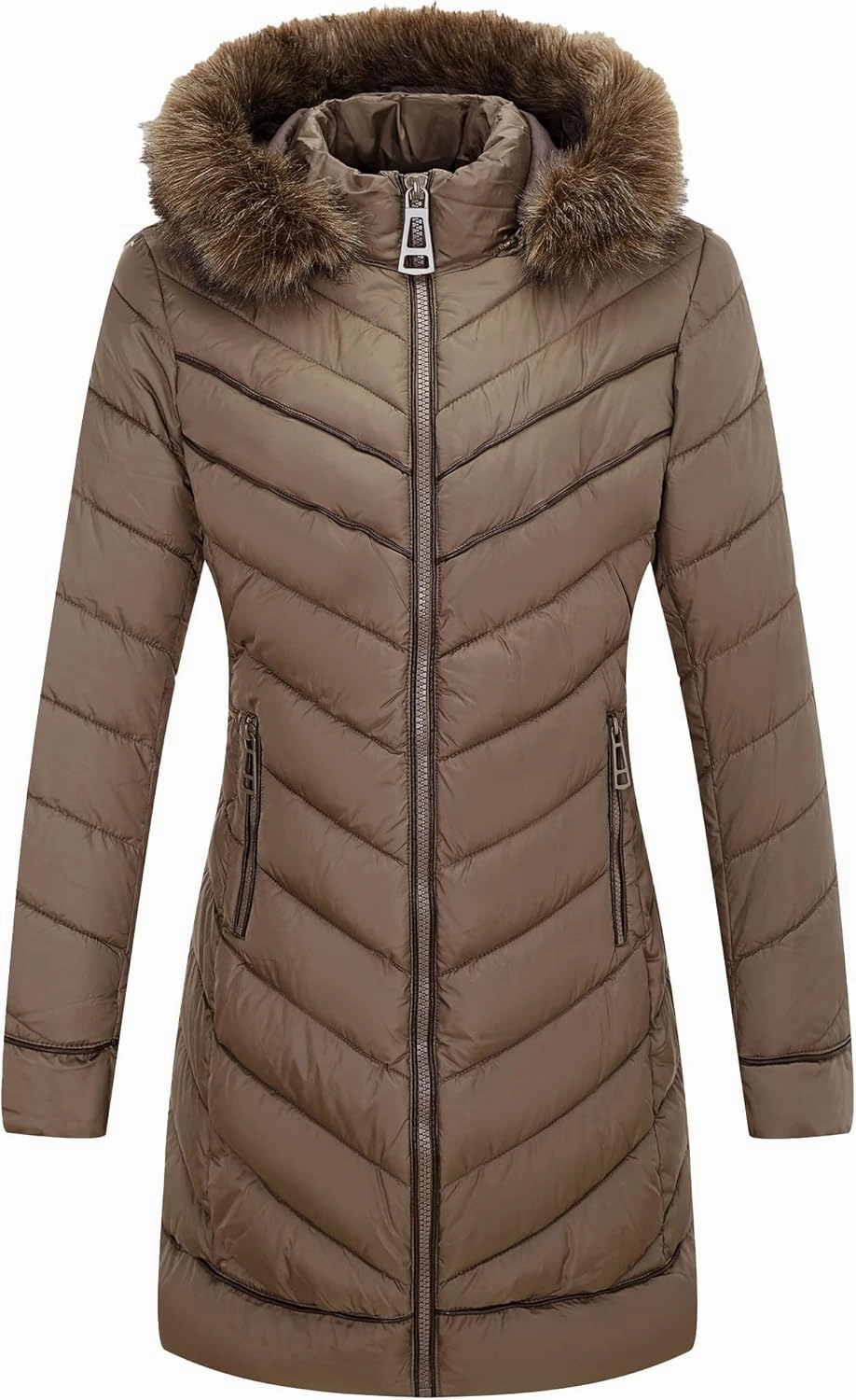 Bellivera Women's Winter Thickened Quilted Puffer Jacket Zipper Pockets Bubble Coat with Removable Hood and Faux Fur Collar