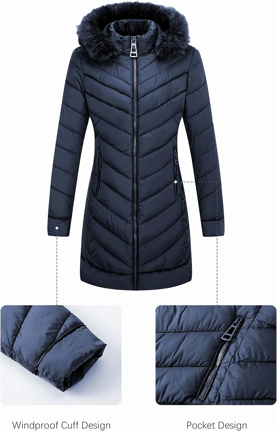 Bellivera Women's Winter Thickened Quilted Puffer Jacket Zipper Pockets Bubble Coat with Removable Hood and Faux Fur Collar