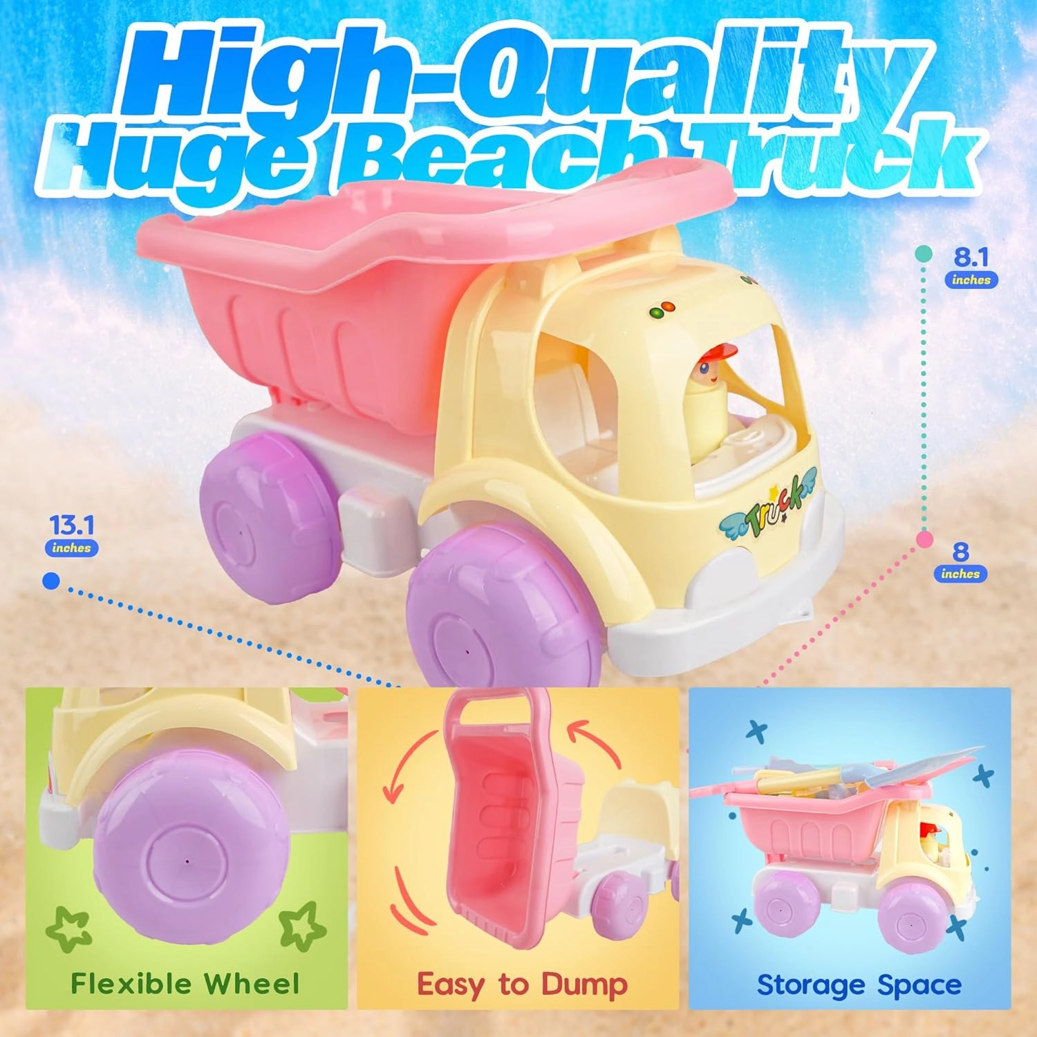 BELLOCHIDDO Beach Toys - Beach Dump Construction Truck, Durable and Lightweight Plastic Sand Truck, Sandbox Toys for Boys & Girls