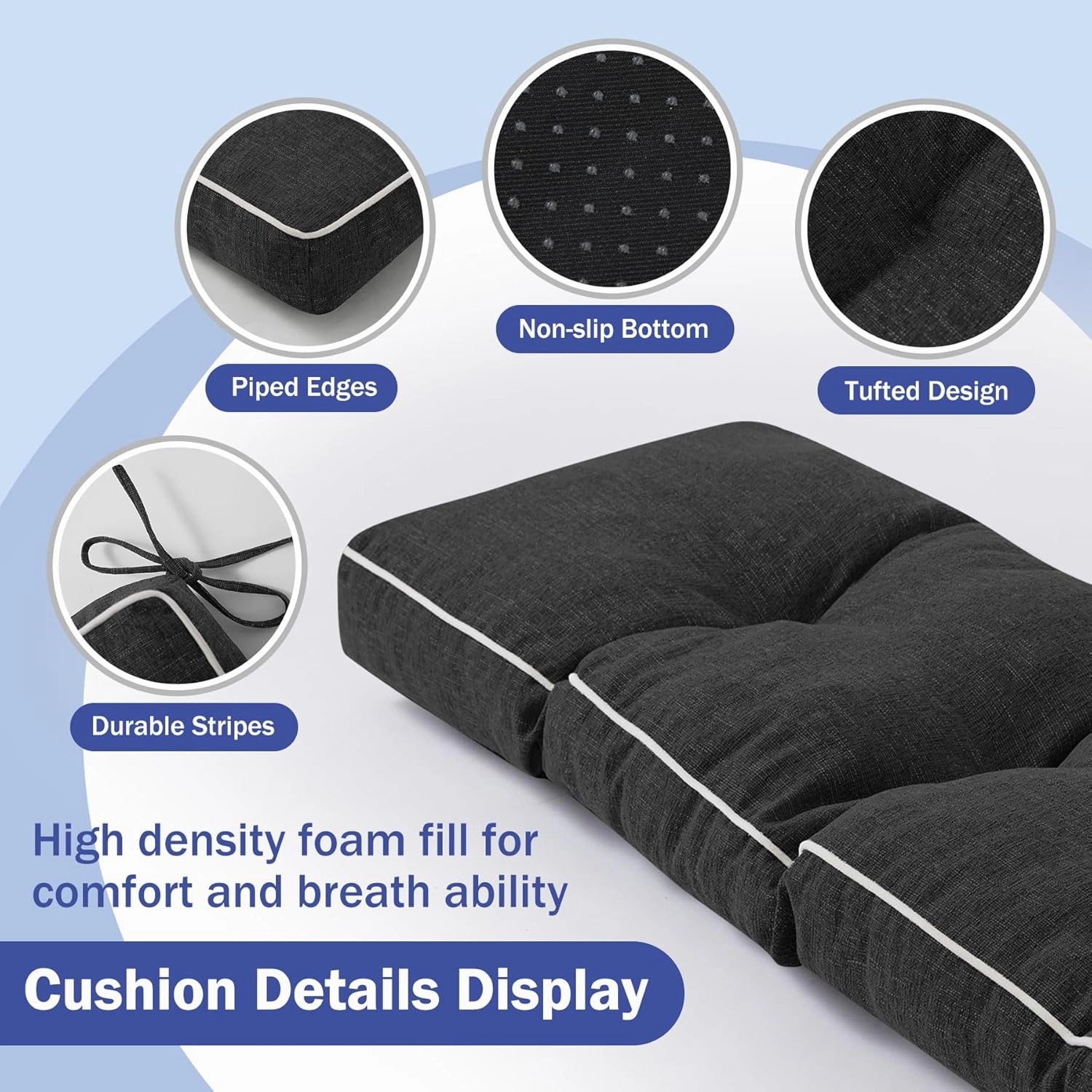Bench Cushions for Outdoor Furniture, 42 x 16 Inch Outdoor Bench Cushion, Patio Bench Cushion with Durable Ties, Long Patio Seat Cushions for Garden, Indoor, Kitchen&Dining, Black