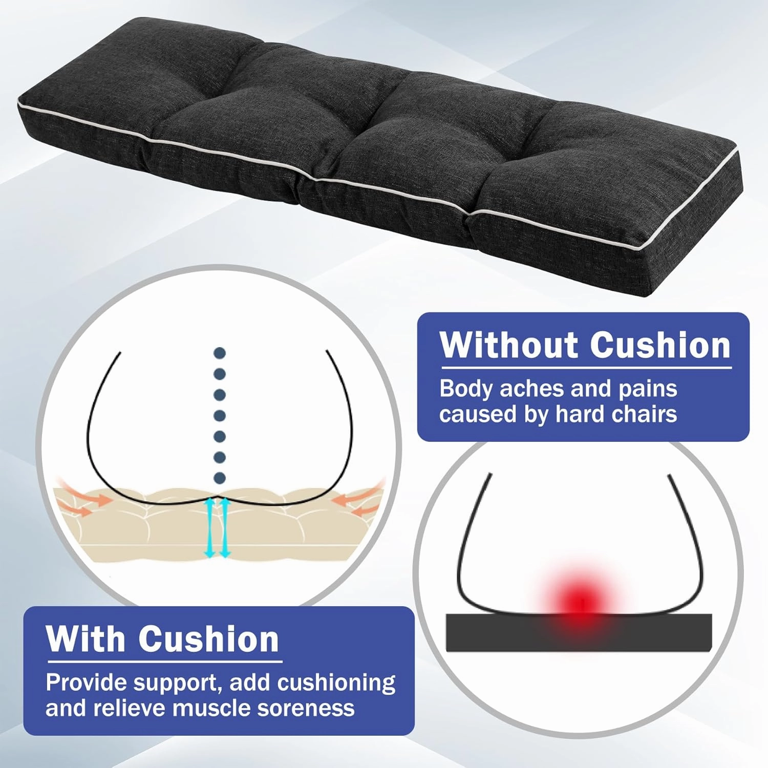 Bench Cushions for Outdoor Furniture, 42 x 16 Inch Outdoor Bench Cushion, Patio Bench Cushion with Durable Ties, Long Patio Seat Cushions for Garden, Indoor, Kitchen&Dining, Black