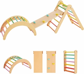 Beright 4 in 1 Pikler Triangle Gym, Montessori Foldable Climber with Ramp, Indoor Climbing Toys for Kids, Climbing Triangle for Toddlers Arch Climber, Rocker, Learning Waldorf Children Toy, Rainbow
