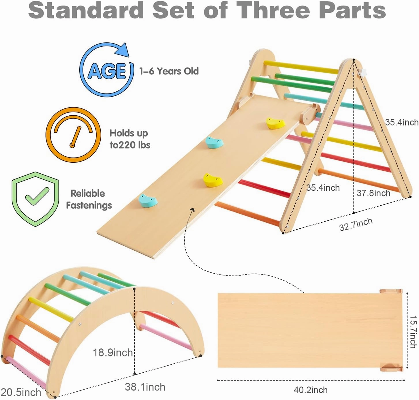 Beright 4 in 1 Pikler Triangle Gym, Montessori Foldable Climber with Ramp, Indoor Climbing Toys for Kids, Climbing Triangle for Toddlers Arch Climber, Rocker, Learning Waldorf Children Toy, Rainbow