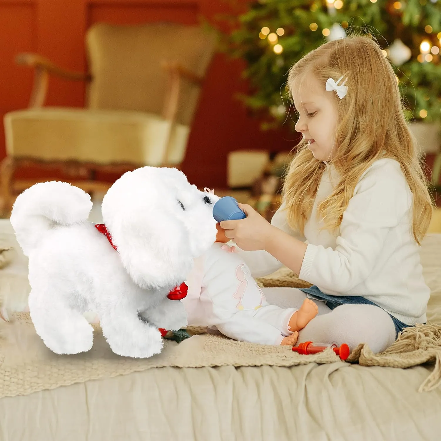 BETTERLINE Puppy Electronic Interactive Pet Dog -Walking, Barking, Tail Wagging, Stretching Companion Animal for Kids (Bichon Frise)