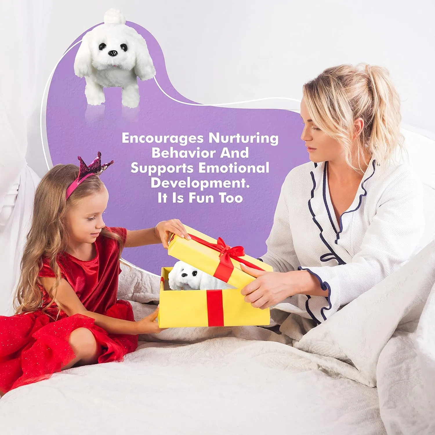 BETTERLINE Puppy Electronic Interactive Pet Dog -Walking, Barking, Tail Wagging, Stretching Companion Animal for Kids (Bichon Frise)
