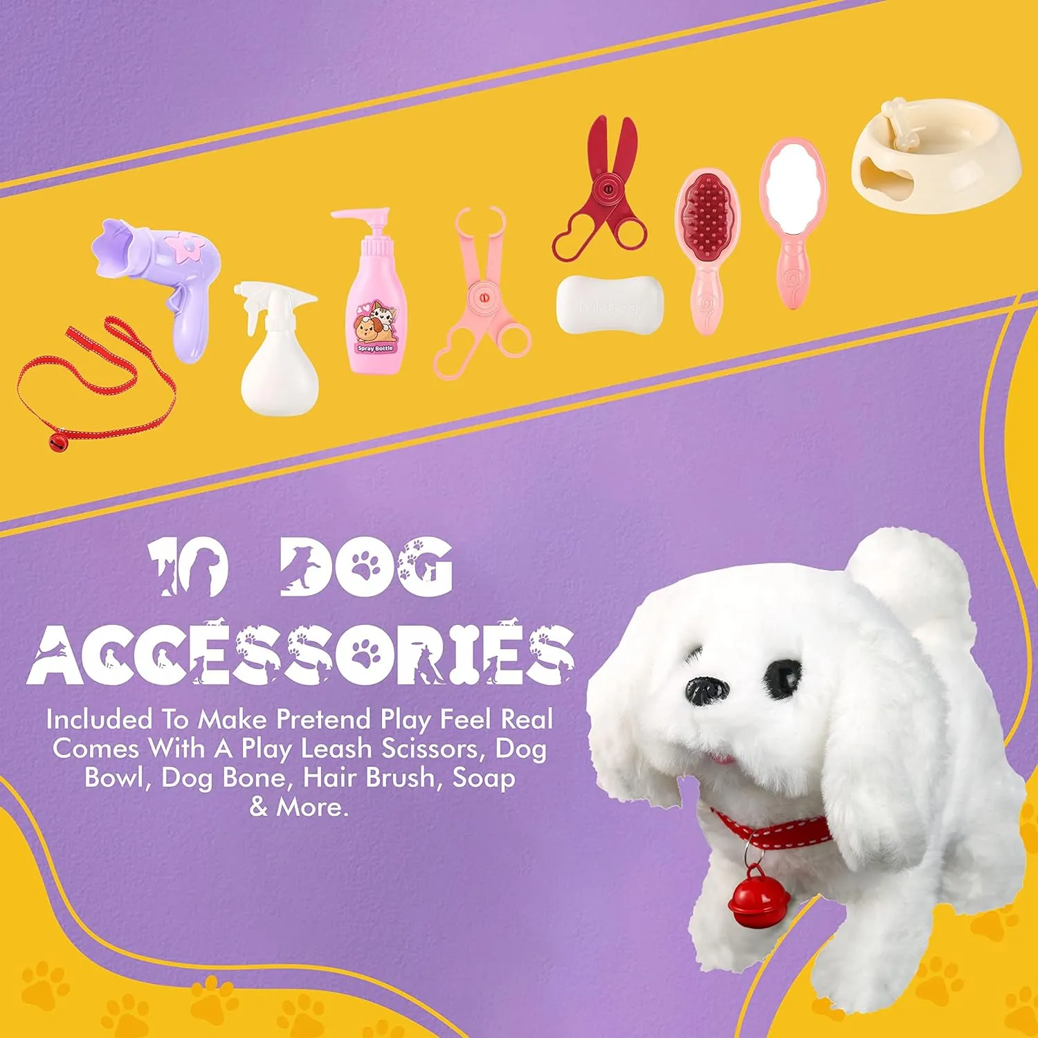 BETTERLINE Puppy Electronic Interactive Pet Dog -Walking, Barking, Tail Wagging, Stretching Companion Animal for Kids (Bichon Frise)