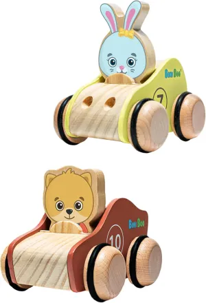 Bimi Boo Wooden Car Set for Toddlers - Two Piece Push and Go Cars with Playable Chunky Characters - Grasping Race Cars for Boys and Girls