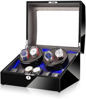 Black 4 6 Automatic Watch Winder Box,with Led Light, in Wood Shell and Leather, Piano Paint Exterior, Super Quiet Motor Beautiful Home,B