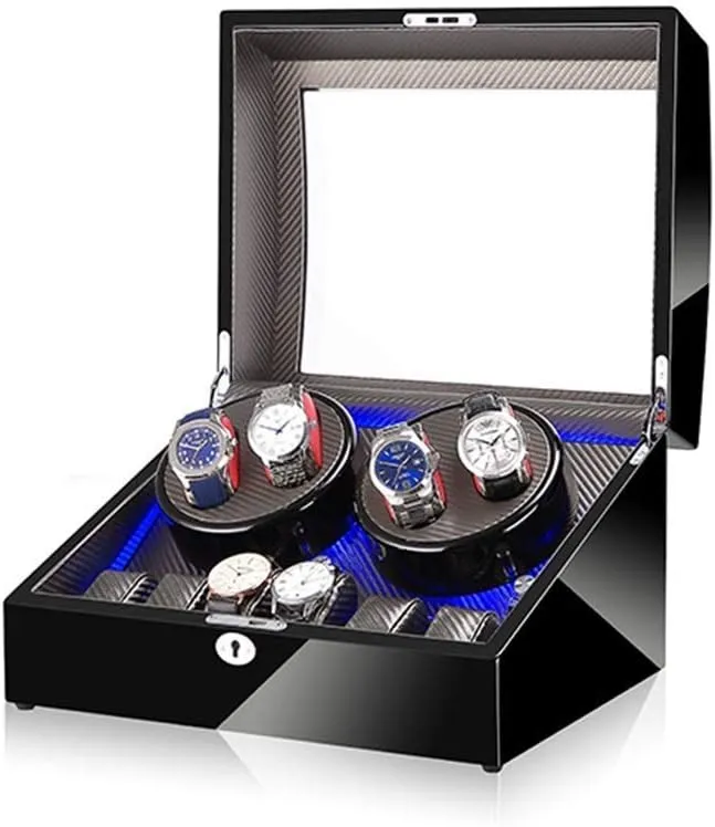 Black 4 6 Automatic Watch Winder Box,with Led Light, in Wood Shell and Leather, Piano Paint Exterior, Super Quiet Motor Beautiful Home,B