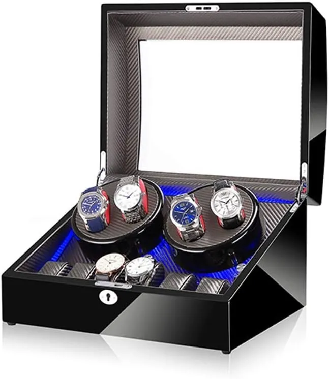 Black 4 6 Automatic Watch Winder Box，with LED Light, in Wood Shell and Leather, Piano Paint Exterior, Super Quiet Motor Watch Winder Display Watch Box Case Watch Storage B
