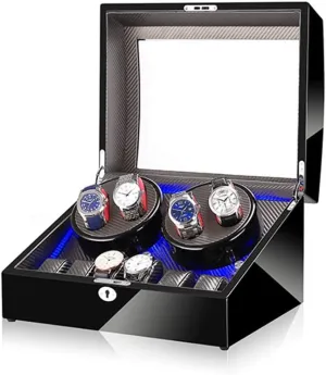 Black 4 6 Automatic Watch Winder Box，with LED Light, in Wood Shell and Leather, Piano Paint Exterior, Super Quiet Motor Watch Winder Display Watch Box Case Watch Storage B