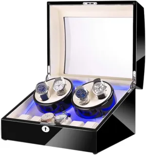 Black 4 6 Automatic Watch Winder Box，with LED Light, in Wood Shell and Leather, Piano Paint Exterior, Super Quiet Motor Watch Winder Display Watch Box Case Watch Storage E
