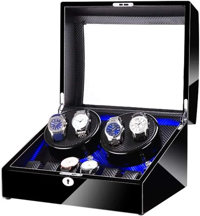 Black 4 6 Automatic Watch Winder Box，with LED Light, in Wood Shell and Leather, Piano Paint Exterior, Super Quiet Motor Watch Winder Display Watch Box Watch Storage Gift