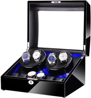 Black 4 6 Automatic Watch Winder Box，with LED Light, in Wood Shell and Leather, Piano Paint Exterior, Super Quiet Motor Watch Winder Display Watch Box Watch Storage Gift