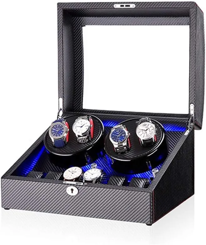 Black 4 6 Automatic Watch Winder Box，with LED Light, in Wood Shell and Leather, Piano Paint Exterior, Super Quiet Motor Watch Winder for Automatic Watches C