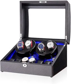 Black 4 6 Automatic Watch Winder Box，with LED Light, in Wood Shell and Leather, Piano Paint Exterior, Super Quiet Motor Watch Winder for Automatic Watches C