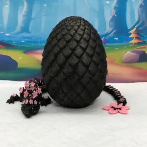 Black and Pink Cherry Blossom Dragon with Dragon Egg, 3D Printed Articulated Black and Pink Cherry Blossom Dragon, Fidget ADHD Sensory Toy D028